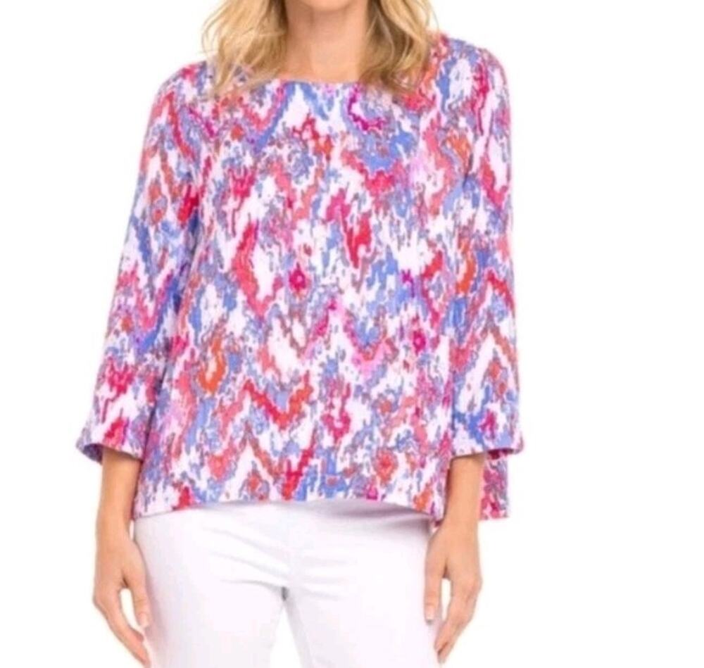 Habitat Seaside Double Cloth Gauze Pullover Top Lg 3/4 Sleeve Ikat Red Pink Blue